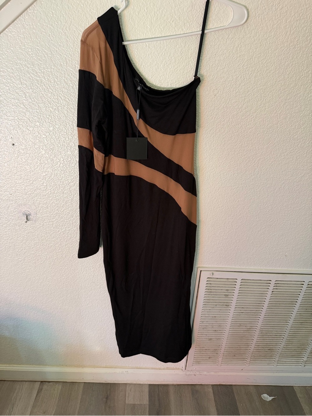 Asymmetric One-Shoulder Black with nude mesh dress